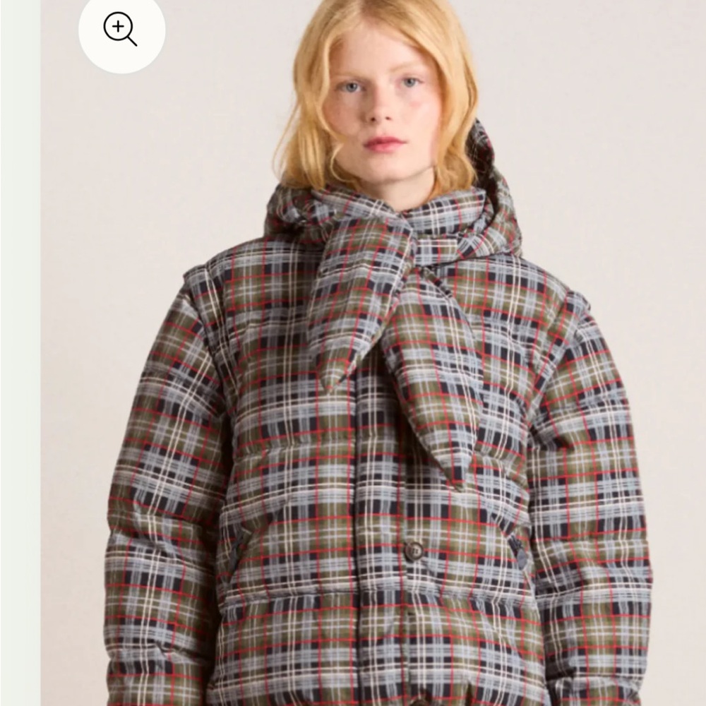 Plaid Puffer Bomber Jacket with Scarf Hood - Brown/Gray - Picture 5 of 16